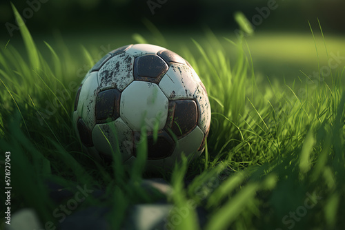 Soccer ball for playing football on grass outdoors, close-up. Generative ai © Sergio