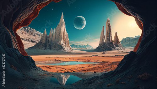 Landscape of alien planet with the moon over the mountains, view from the cave, ai generated