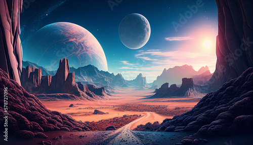 Landscape of alien planet with the moon over the mountains  view from the cave  ai  generated