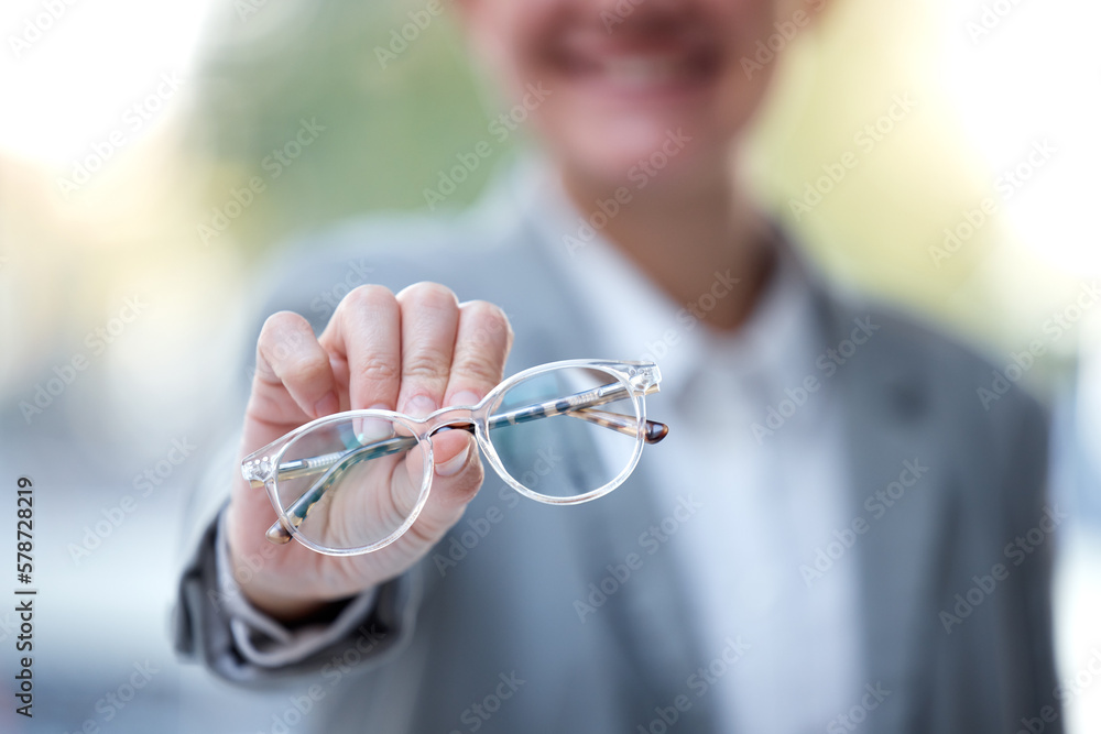Frame, optometry and hands with glasses for eyes for eye exam, vision