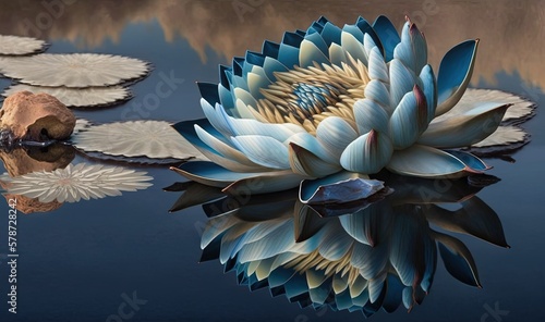  a blue and white flower sitting on top of a body of water. generative ai