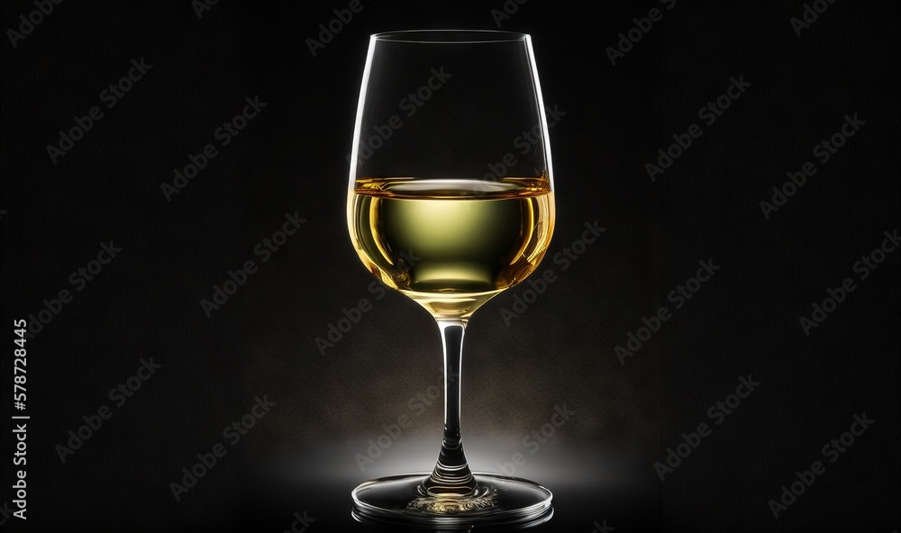 a glass of white wine on a black background with a shadow. generative ai a glass of white wine on a black background with a shadow. generative ai