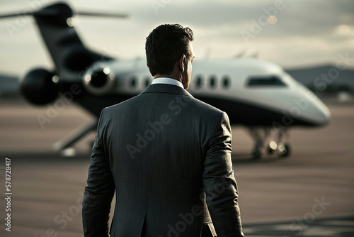 A rich person in business suit is standing on airport runway in front of the private jet. The Billionaire, businessman successful concept scene. Generative Ai image.	
 photo