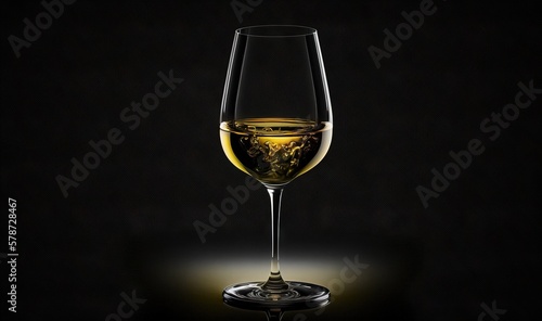  a glass of white wine is shown in the dark light. generative ai