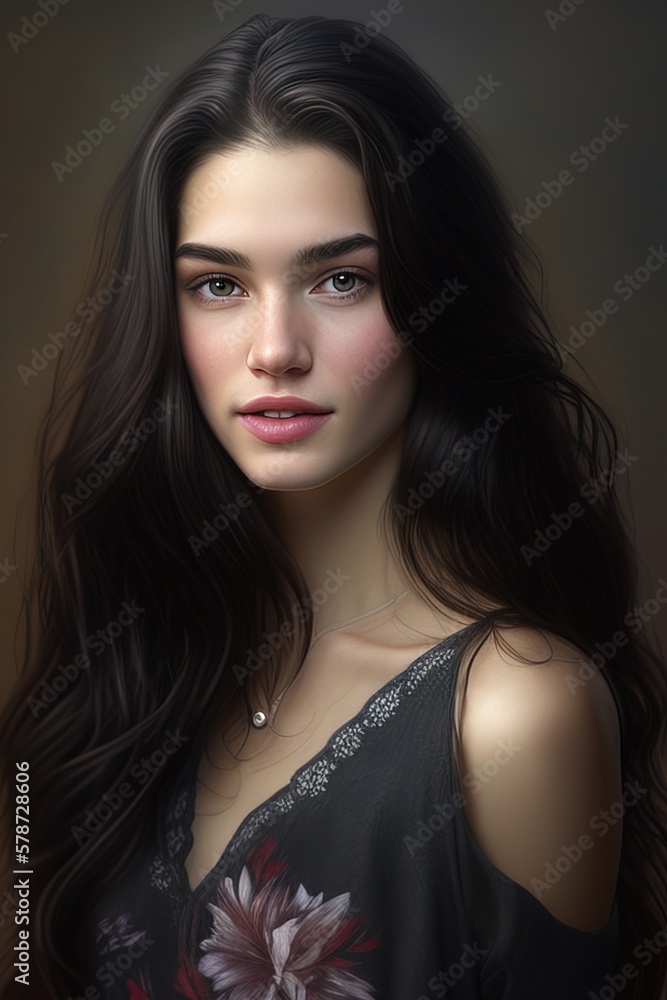 Photorealistic photo of beautiful young woman with black long hair and brown eyes.