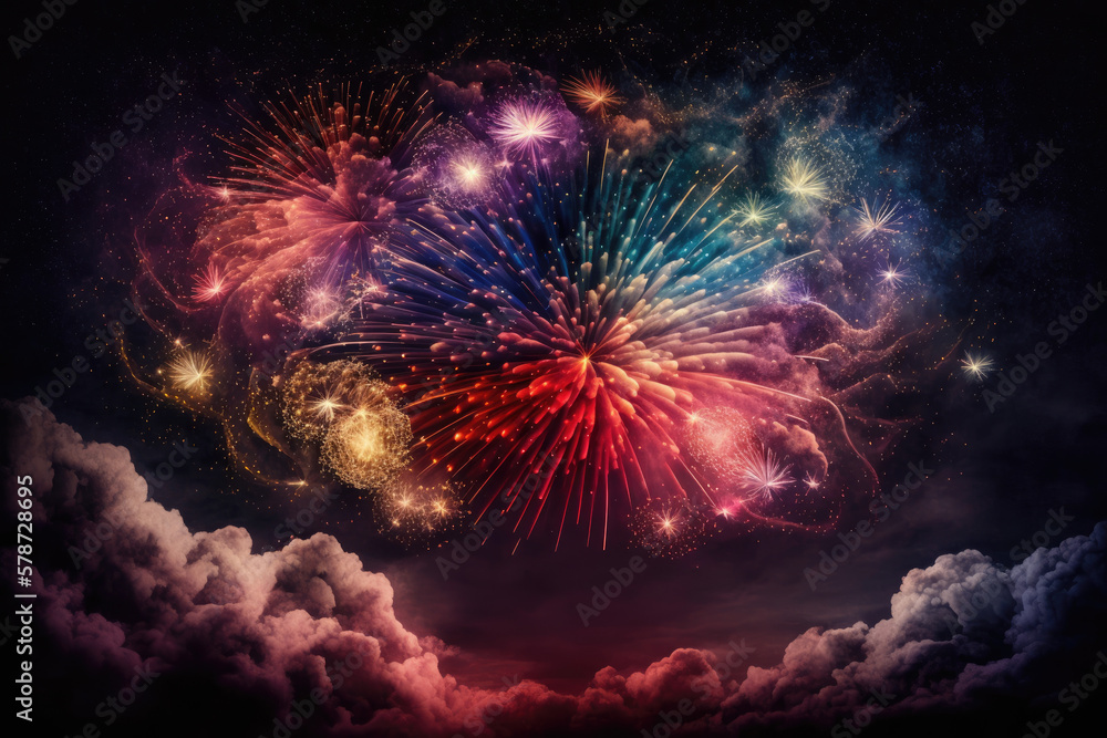 Abstract colored Fireworks at Night on background Generative AI