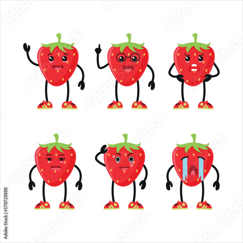 Cute happy strawberry different pose activity. funny fruit different face expression vector illustration set.