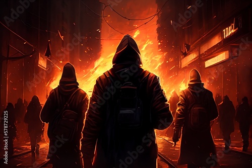 A Fire Burns In A Big City Surrounded By Hooded Males, Men As Aggressors Or Looters Or Violent Rioters, Fictional Persons And Place. Generative AI © Pixel Matrix