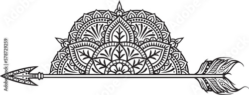 Half mandala and arrow symbol. Vector illustration.
