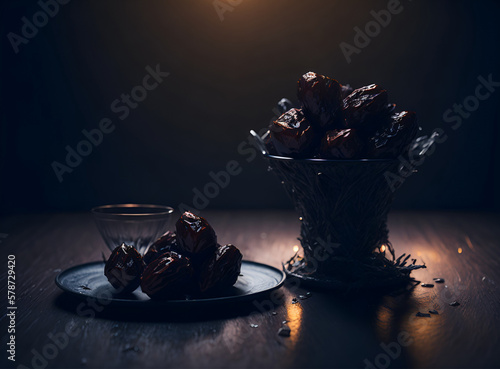 Incredible Ramadan Indulgence: A Stunning Plate of Dates in Perfect Environment, Captured in 8K with Unreal Engine's Volumetric Lighting