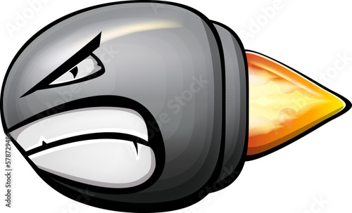 Vector cartoon gun bullet with fire bullet trail isolated on white background. Angry flying Bullet character with mouth, teeth, eyes and fangs. Hand drawn strike bullet
