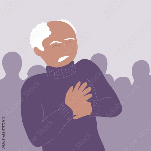 Heart attack in an elderly man among people. Chest pain. Acute attack of myocardial infarction or angina pectoris. Heart disease. Flat vector illustration