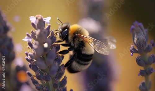  a bee that is sitting on a purple flower in a field.  generative ai