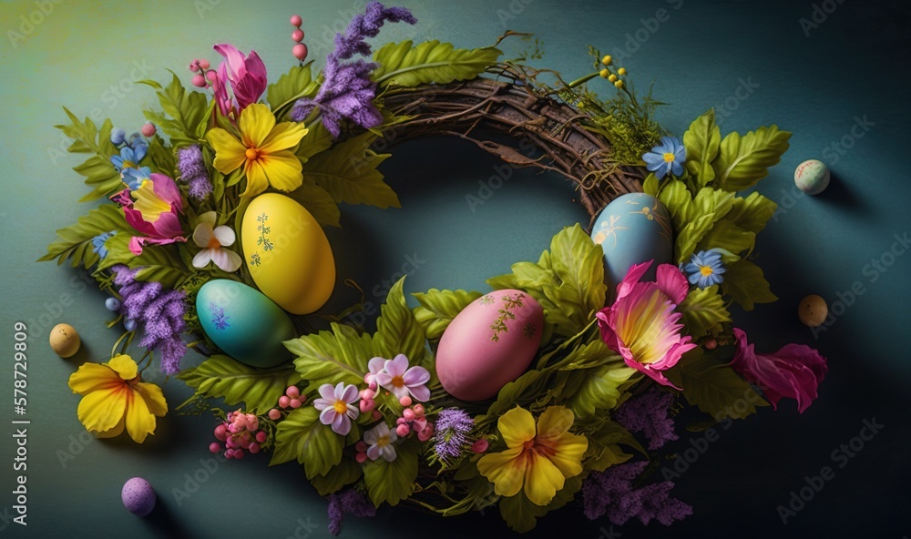 a wreath with flowers and eggs on a blue background with a green border. generative ai a wreath with flowers and eggs on a blue background with a green border. generative ai