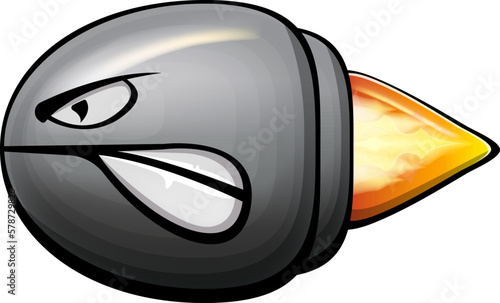 Vector cartoon gun bullet with fire bullet trail isolated on white background. Angry flying Bullet character with mouth, teeth, eyes and fangs. Hand drawn strike bullet