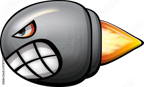 Vector cartoon gun bullet with fire bullet trail isolated on white background. Angry flying Bullet character with mouth, teeth, eyes and fangs. Hand drawn strike bullet