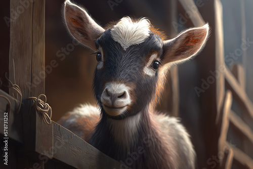 Baby goat standing on its hind legs, peering over a fence with a cheeky expression and a twinkle in its eye, ready to escape and explore, generative ai