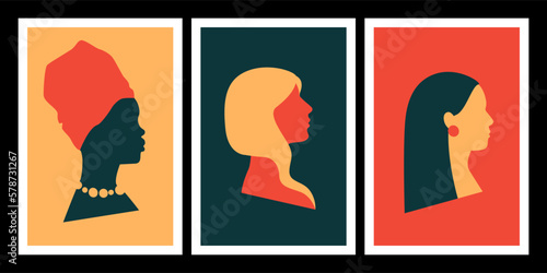Abstract boho posters set. Minimal retro wall art with woman profile portrait. Simple shapes silhouettes. Naive ethnic female heads. Women allyship concept. Vector illustration.