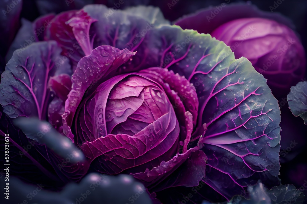 Fototapeta premium Closeup Of Pink Cabbages. Heads Of Red Cabbage Growing In Vegetable Garden. Generative AI
