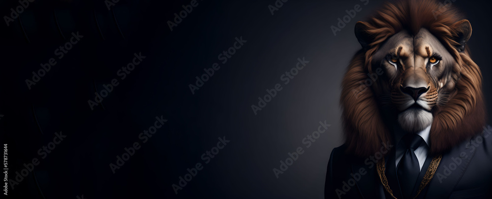 Portrait of Humanoid Anthropomorphic Lion Wearing Businessman Boss Suit in Black Background for Copy Space Banner Generative AI Portrait of Humanoid Anthropomorphic Lion Wearing Businessman Boss Suit in Black Background for Copy Space Banner Generative AI