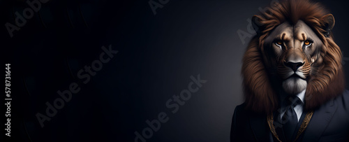 Portrait of Humanoid Anthropomorphic Lion Wearing Businessman Boss Suit in Black Background for Copy Space Banner Generative AI