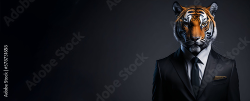 Portrait of Humanoid Anthropomorphic Tiger Wearing Businessman Suit in Black Background for Copy Space Banner Generative AI