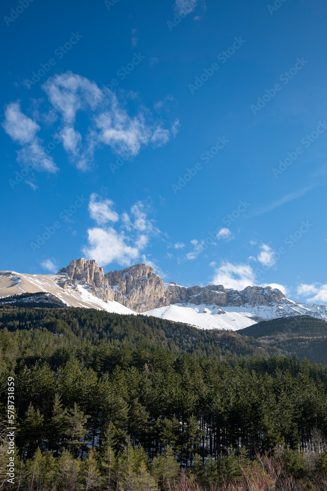 Landscape in winter near Devoluy in France, Hautes Alpes, scenic landscape with copy space