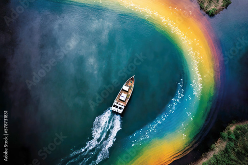 AI illustration of a boat on a rainbow colored river