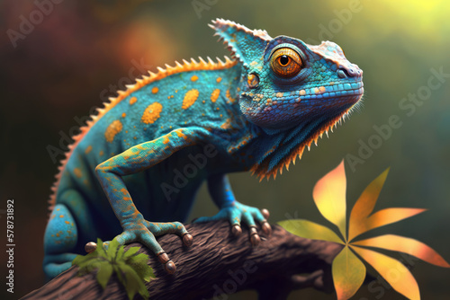 Charming Chameleon Perched on a Twig with a Bright Blue Sky in the Background  generative ai