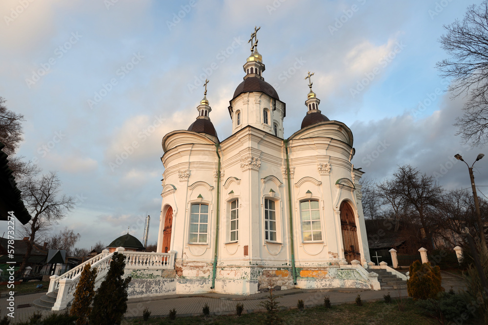 Vintage orthodox church with domes and crosses
