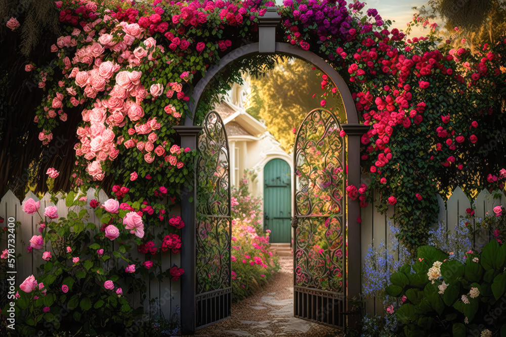 A secret garden hidden behind a trellis covered in vibrant pink roses - Generative AI - obrazy, fototapety, plakaty 