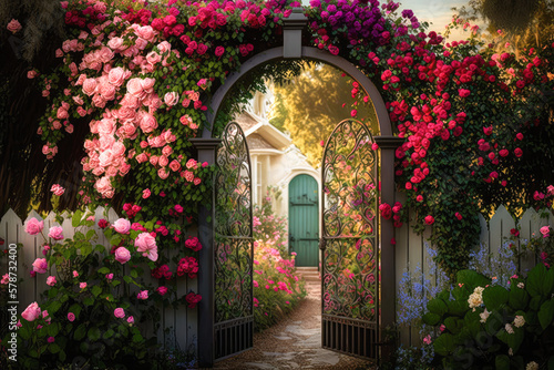 Fototapeta Naklejka Na Ścianę i Meble -  A secret garden hidden behind a trellis covered in vibrant pink roses - Generative AI