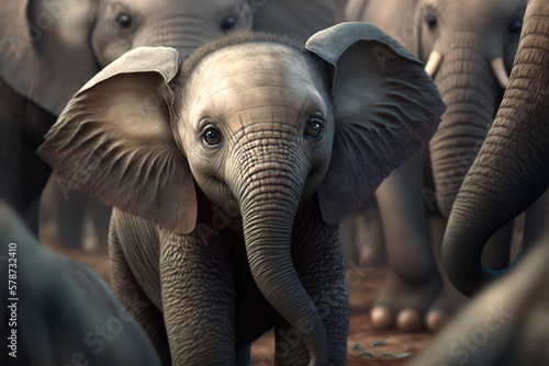 Curious baby elephant with its tongue out in the midst of a herd in the African savannah  generative ai
