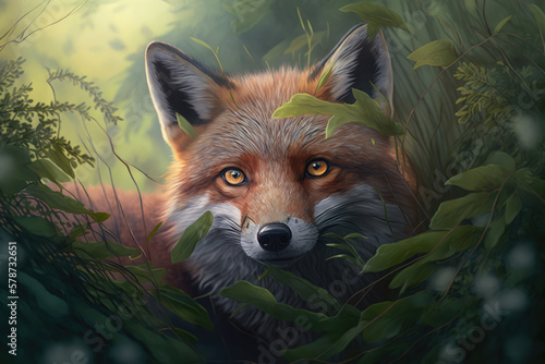 Curious Fox peeking out from behind a bush in a rural meadow, generative ai