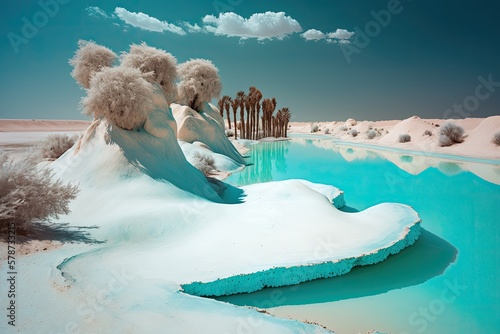 Located in the Siwa oasis in Egypt is a salt lake with turquoise water and white salt on the coast that was photographed in April 2018. Generative AI