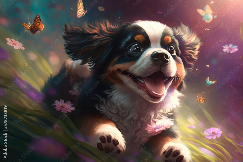 Enthusiastic puppy leaping in the air to catch a colorful butterfly in a lush garden, generative ai