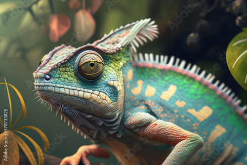 Exotic chameleon with its long tongue sticking out, catching a fly on a vibrant tropical tree branch in the jungle, generative ai