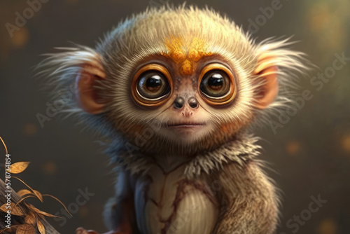 Inquisitive little monkey with large eyes and expressive face sitting on a branch, observing its surroundings with curiosity, generative ai © aicandy