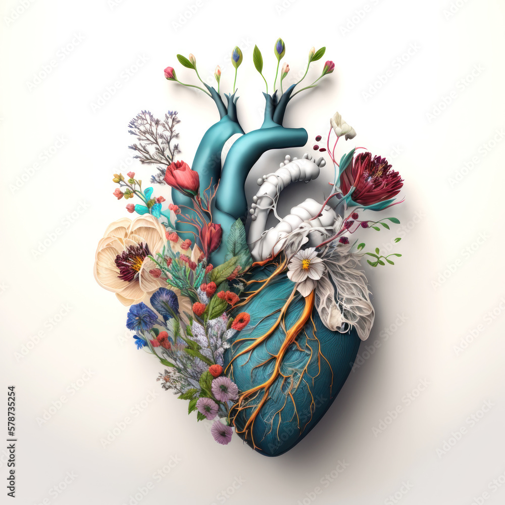 custom made wallpaper toronto digitalAnatomical 3d human heart in flowers on a white background, a symbol of joy, love and health