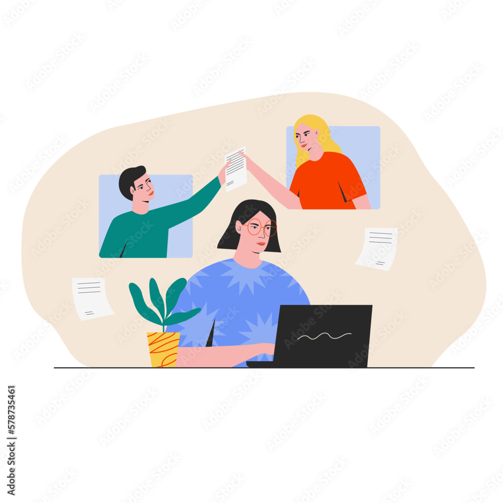 Online working concept. Remote job. Vector of woman working on laptop and two people in background exchanging documents. People meeting online illustration. Video conference remote. Work from home Online working concept. Remote job. Vector of woman working on laptop and two people in background exchanging documents. People meeting online illustration. Video conference remote. Work from home