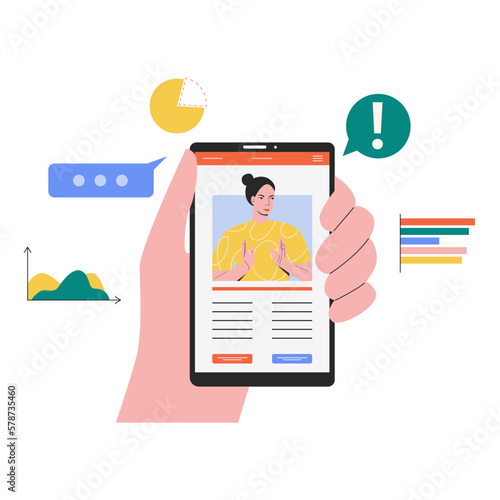 Online learning concept. Female lector speaking from phone. E-learning, online education at home. Online class illustration. Distance learning students. Distance university e-learning vector