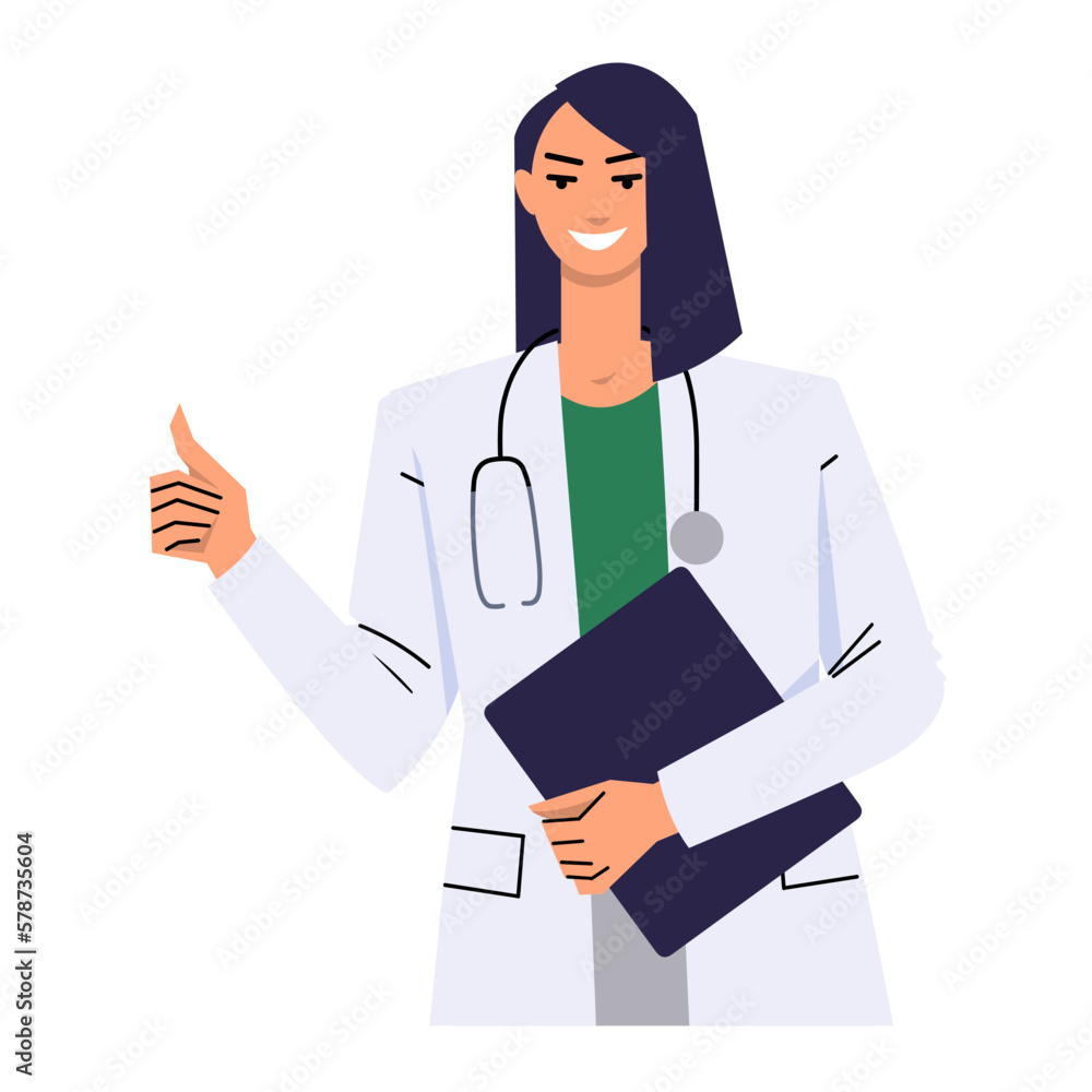 Woman doctor shows the thumb up. Gesture of approval, cool, good. Medical worker in a white coat with a stethoscope. Holds the clipboard. Flat vector is isolated on white background.