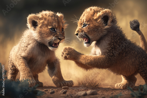 pair of young lion cubs playing and wrestling on a sunny savannah grassland, generative ai
