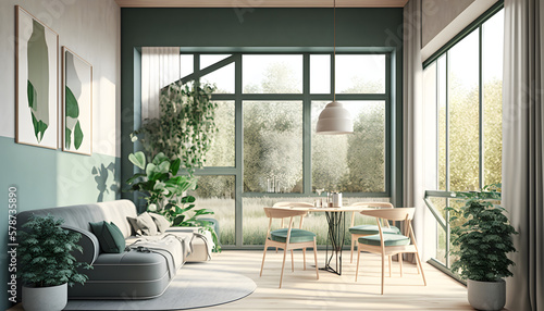 Spacious and bright modern apartment featuring large windows and minimalist design with plants and garden view generative ai © Anders