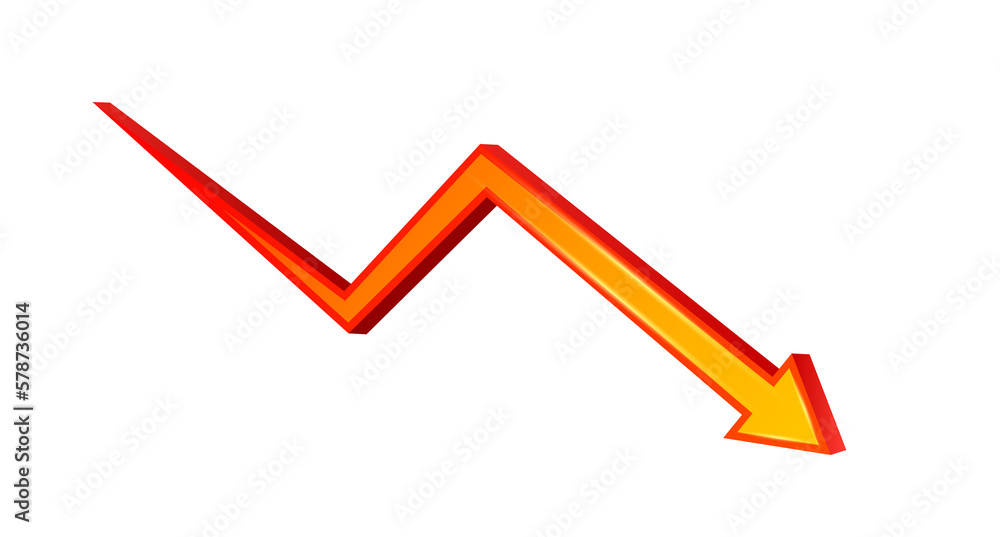 Red down arrow. Stock exchange concept show about profit and loss trading of trader. 3D File PNG. Red down arrow. Stock exchange concept show about profit and loss trading of trader. 3D File PNG.