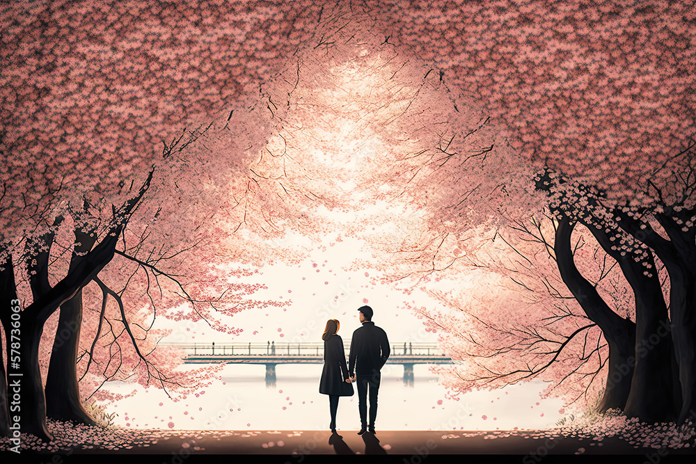 A beautiful Asian couple meet under cherry blossom trees. Anime style ...