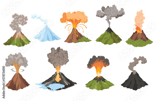 Volcano icons. Magma nature blowing up with smoke. An awakened vulcan activity fire and smoke elements. Volcano eruption set. Flat cartoon vector isolated illustration