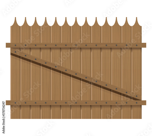 Wooden fence design. Rural fencing board construction in flat style. Enclosing planks, yards barrier. Farm or rural house boundary isolated on white background