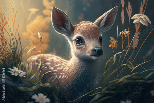 Startled Fawn Deer in the Meadow with nature and wilderness in the background, generative ai