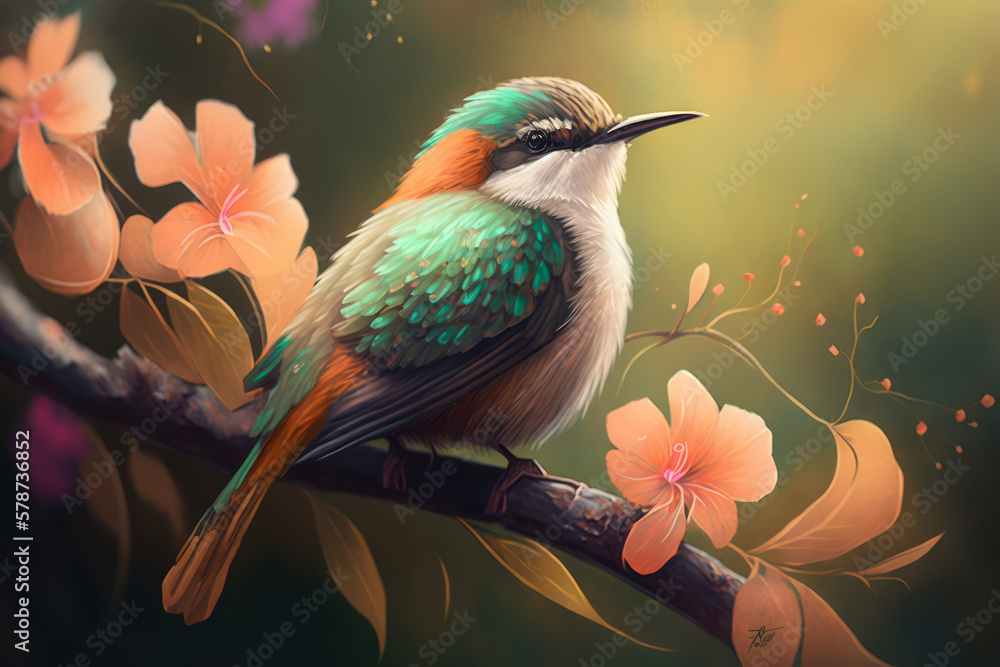 Fototapeta premium Tiny Bird Perched on a Blossoming Branch with Green Leaves in the Background, generative ai